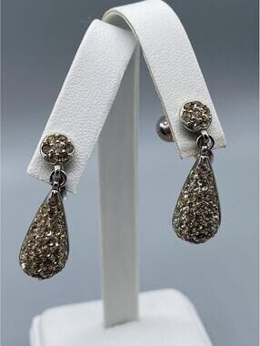 Vintage Sterling Silver Sparkling Crystal Dangle Teardrop Screw On Earrings